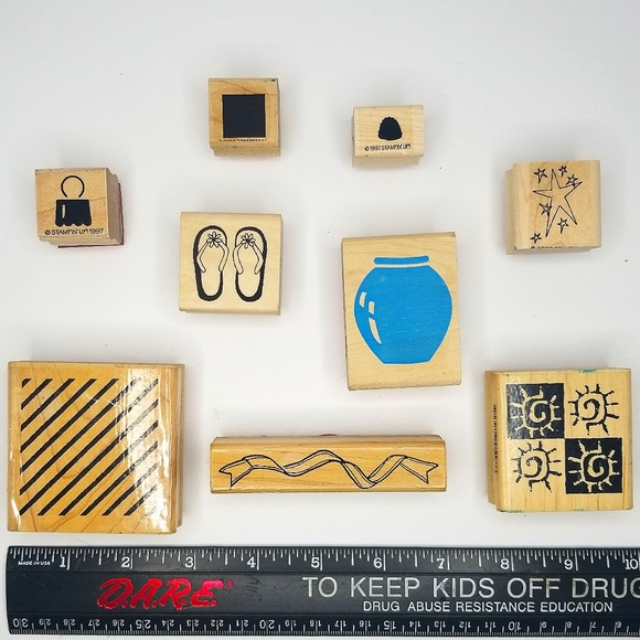 Random Shapes & Objects Wooden Rubber Stamp Set- Vintage Nine Piece - Picture 1 of 7